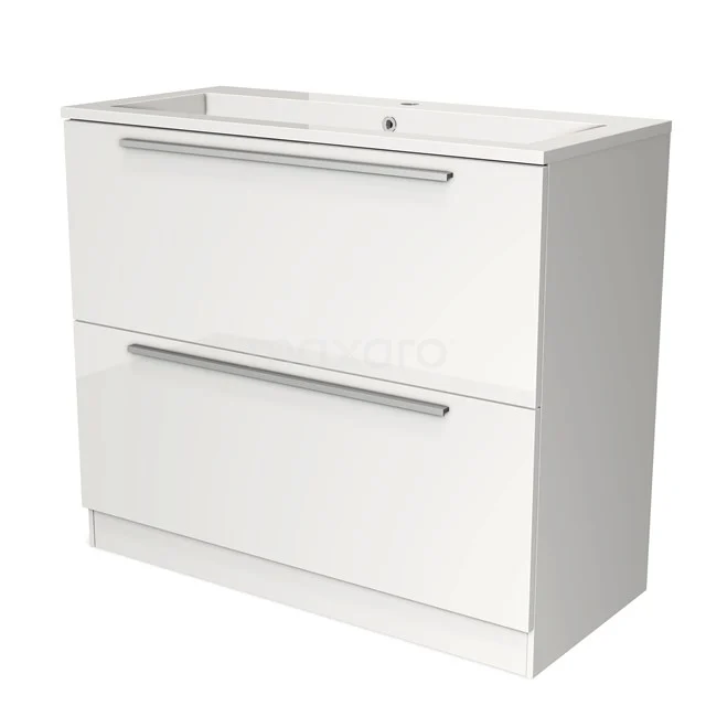 Wit badkamermeubel met twee lades, strakke metalen grepen en ingebouwde wastafel, ideaal voor een moderne badkamerstijl.