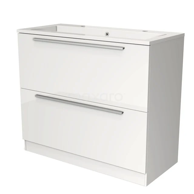 Wit badkamermeubel met twee lades, strak design en aluminium handgrepen, ideaal voor moderne badkamerinterieurs.
