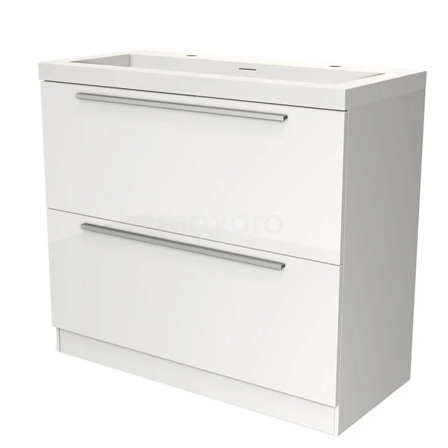 Wit badkamermeubel met twee lades, chromen handgrepen en strak design, ideaal voor moderne badkamers.