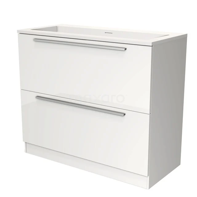 Witte badkamerkast met twee lades, strakke metalen handgrepen en een glanzend afwerking. Ideaal voor moderne badkamers.