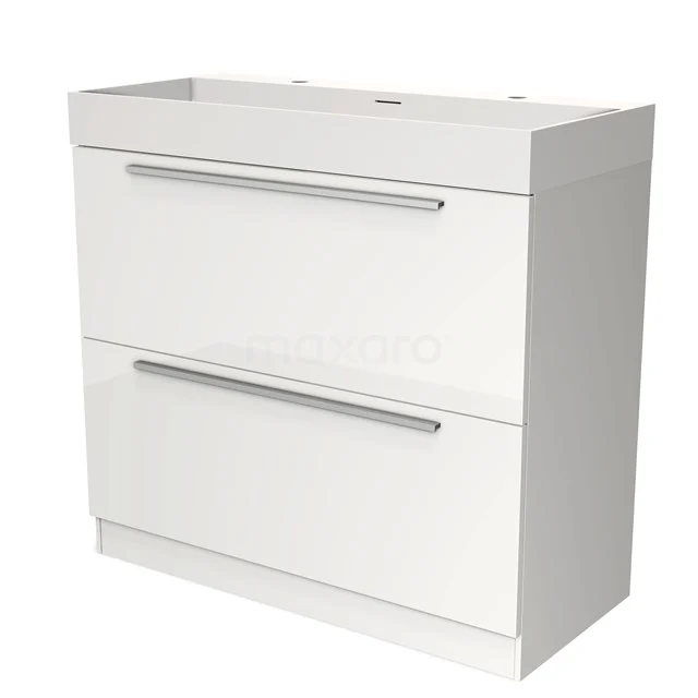 Badmöbel 100cm Modulo Hochglanz Weiß 2 hohe Schubladen Stehendes Waschbecken Solid Surface BMW13S-00200 Weißes hängendes Badmöbel mit zwei Schubladen, schlichten Haltegriffen und modernem Design, perfekt für ein organisiertes Badezimmer.