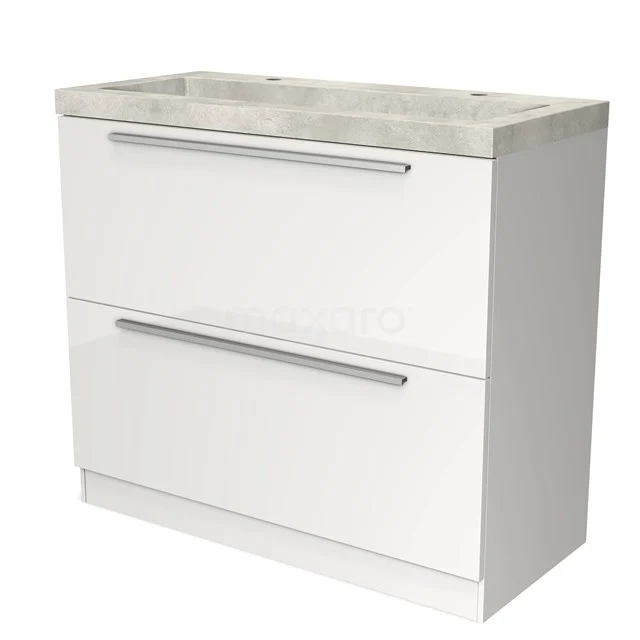 Weißes Badezimmermöbel mit zwei Schubladen und Marmorlook Platte, modernes Design ideal für stilvolle Badezimmerlagerung.