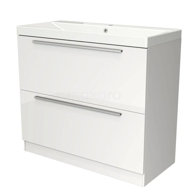 White bathroom furniture set with two drawers and metal handles, ideal for a modern bathroom style, made of high-quality MDF.