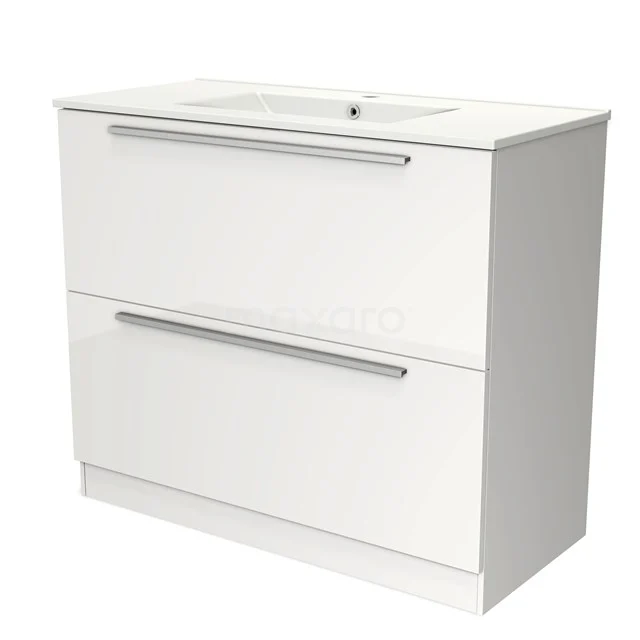Wit badkamermeubel met twee lades, strak design en metalen grepen, ideaal voor moderne badkamers.