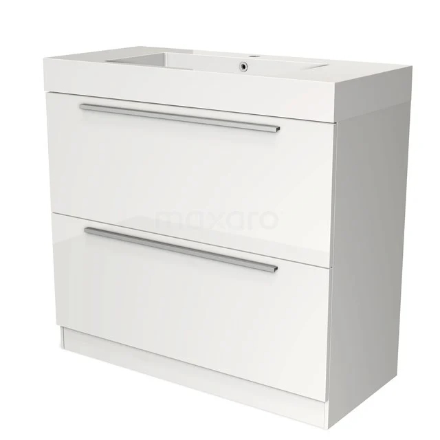 Witte badkamerkast met twee softclose lades, modern design en geïntegreerde wastafel van keramiek.