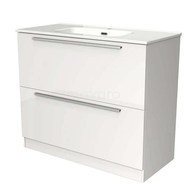 Wit badkamermeubel met twee lades, modern design en geïntegreerde wastafel, ideaal voor een georganiseerde badkamer.