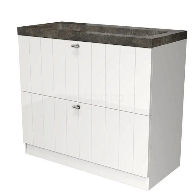 Weißes Badezimmermöbel mit zwei Schubladen, matt verarbeitet mit grauem Steinwaschbecken. Modernes Design geeignet für jedes Badezimmer.