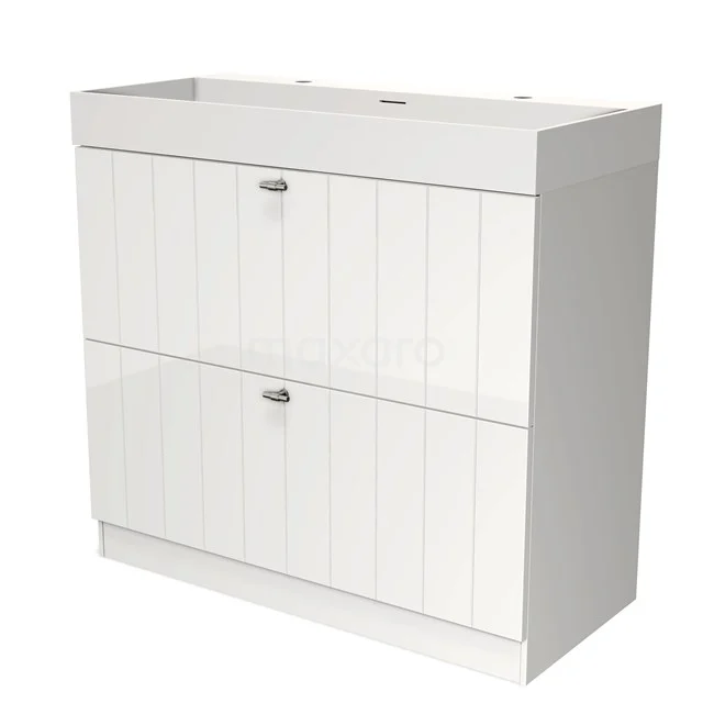 White Bathroom unit with 2 ribbed panels, spacious storage drawers and modern design, ideal for a stylish bathroom.