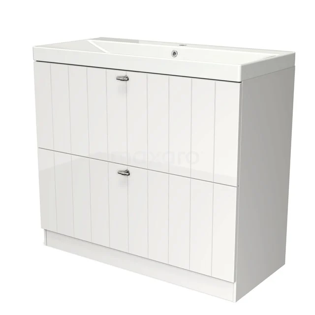 Modulo Bathroom furniture with sink | 100 cm High-gloss white Slat front Ceramic 2 high drawers standing drawers under each other BMW13S-00224 White double bathroom cabinet with wood grain pattern, two drawers and ceramic basin, ideal for stylish bathroom storage.