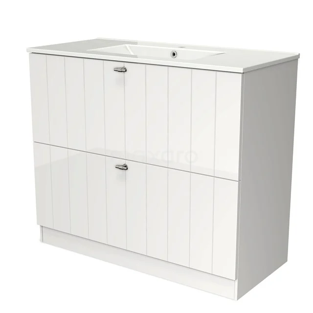 White Bathroom unit with double handle-less drawers, wood-look panels and integrated vanity units with basin, suitable for modern bathrooms.