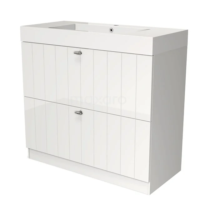 White bathroom unit with double drawers, wood-look finish and integrated vanity units with basin, ideal for modern bathrooms.