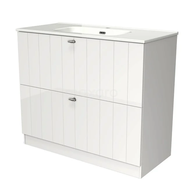 White wooden bathroom unit with vertical grooves, two drawers and integrated vanity units with basin, classic country style.