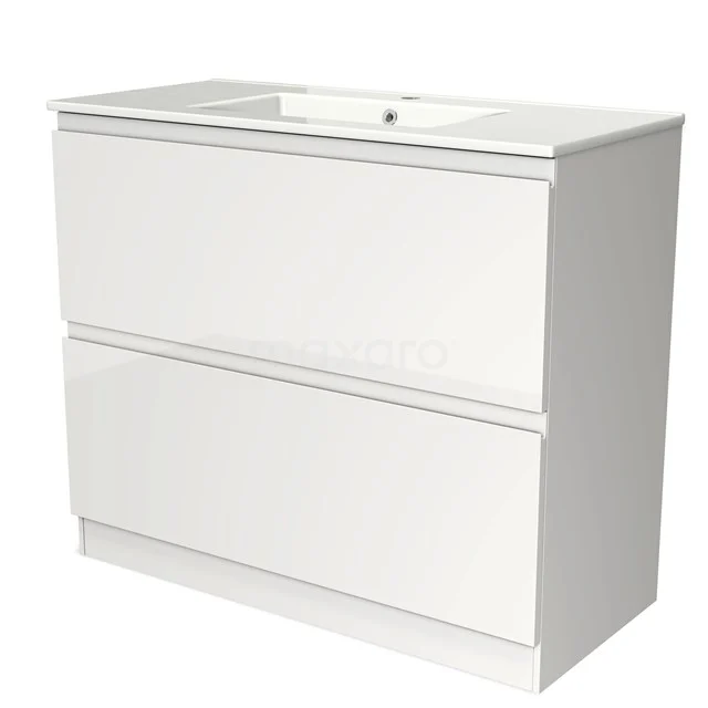 Witte badkamermeubelset met twee lades, modern design, hoogglans afwerking en geïntegreerde wastafel.