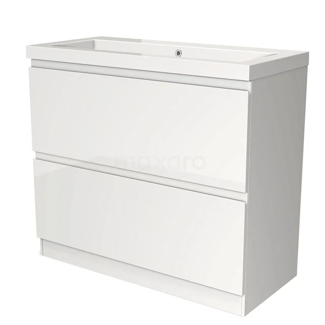 White vanity unit with two drawers, clean lines, ideal for modern bathrooms, made of high-quality MDF material.