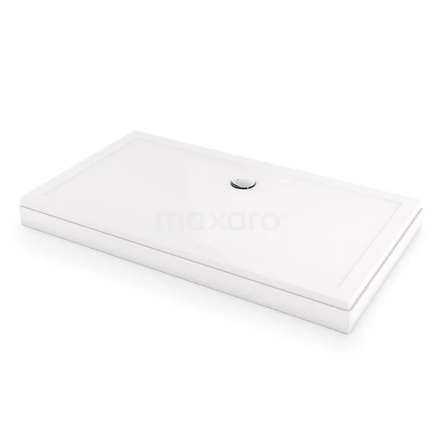Rechteckige, weiße Duschwanne mit niedrigem Einstieg, glatter Kunststoffoberfläche und zentralem Abfluss, ideal für ein modernes Badezimmer.