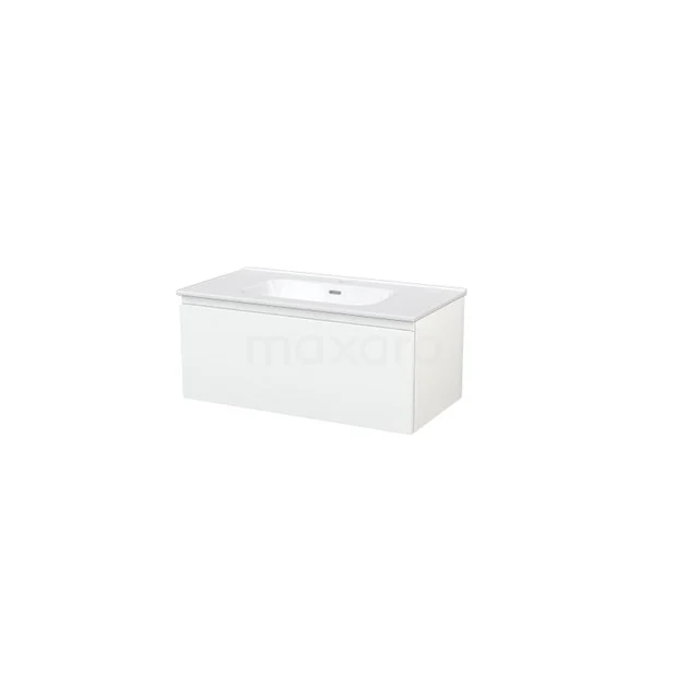 Modulo+ Bathroom furniture with sink | 90 cm High-gloss white Handle-less front Ceramic 1 drawer BMP001619 White bathroom unit with integrated vanity units with basin, rectangular design, sleek finish, ideal for modern bathrooms.