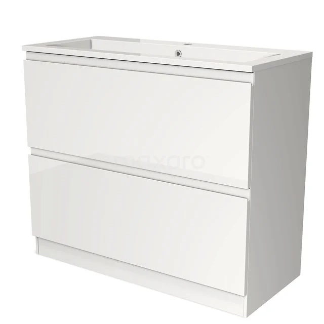 Witte badkamermeubel met twee soft-close lades, modern design, inclusief keramische wastafel en minimalistische afwerking.