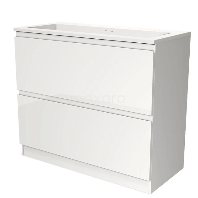 Wit badkamermeubel met twee brede lades, modern design, gemaakt van duurzaam MDF, ideaal voor stijlvolle opbergruimte.