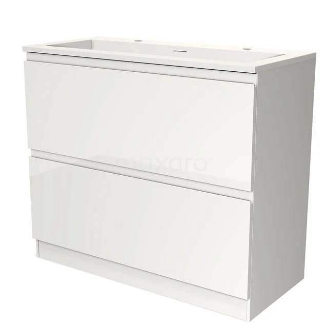 Witte wastafelkast met twee lades, strak design en gladde afwerking, ideaal voor moderne badkamerinrichting.