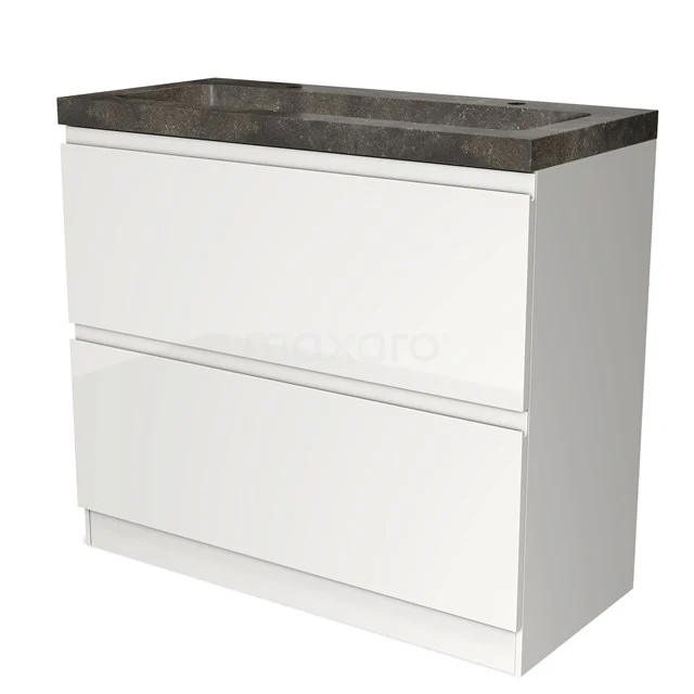 Wit wastafelmeubel met donkergrijs stenen blad, modern design, ideaal als stijlvolle opbergoplossing in de badkamer.