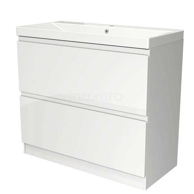 Weiße Badmöbel mit zwei Schubladen, modernes Design aus hochglanz MDF und integriertem Waschbecken, ideal für kompakte Bäder.