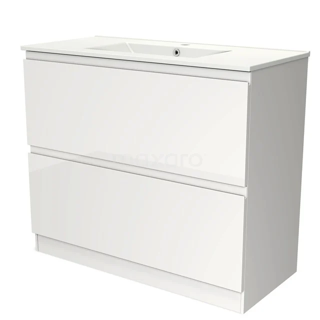 Witte badkamerkast met twee lades, glanzende afwerking en ingebouwde wastafel, ideaal voor moderne badkameropslag.