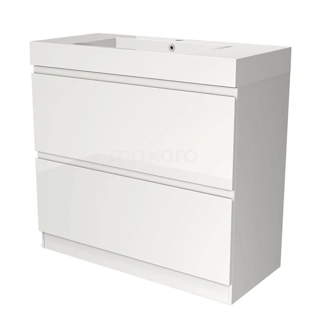 Witte badkamermeubel met twee lades, strak design, glanzende afwerking en geïntegreerde wasbak.