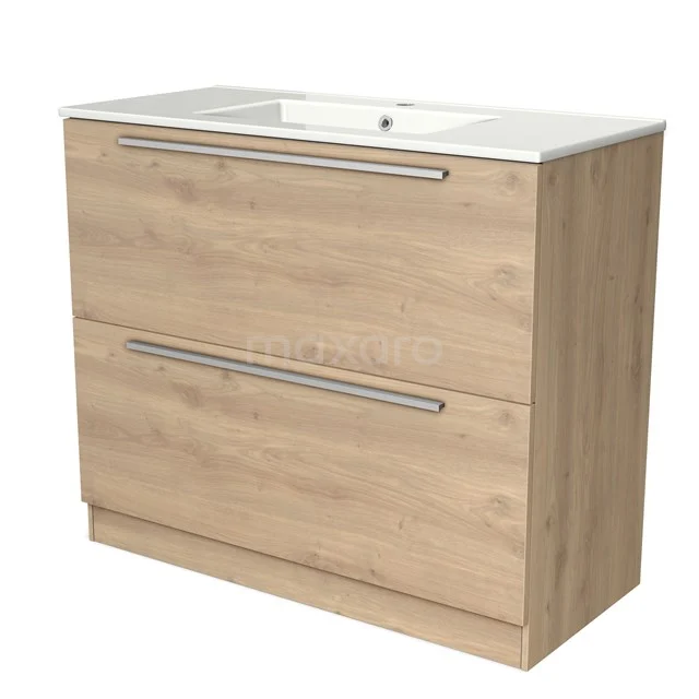 Wooden vanity units with basin, light Oak finish, two drawers and Chrome handles for modern bathroom space.