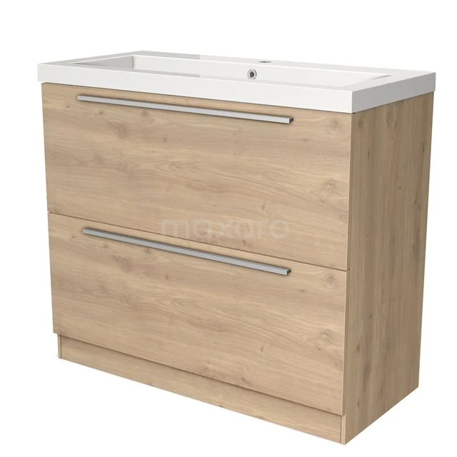 Houten badkamermeubel met twee lades, witte keramische wastafel en strak design, perfect voor moderne badkamers.