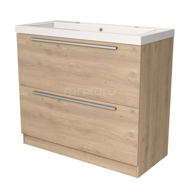 Houten badkamermeubel met twee lades, licht eiken afwerking en een wit keramische wastafel; stijlvol en functioneel.