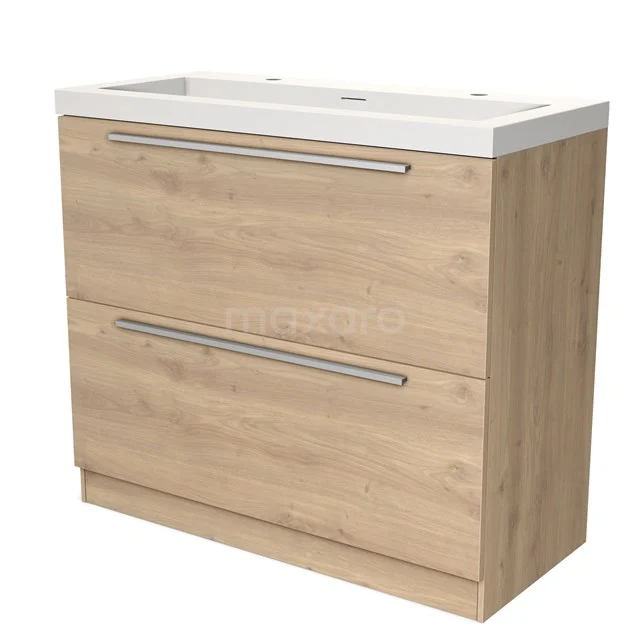 Houten badkamermeubel met twee lades, licht eiken afwerking en witte wastafel, ideaal voor stijlvolle badkameropslag.