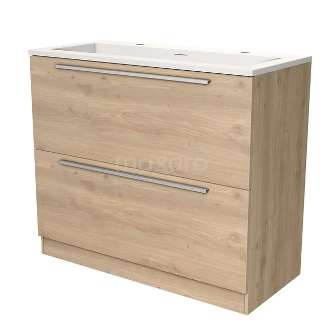 Wooden bathroom unit with light Oak finish, two drawers with metal handles and integrated basin.