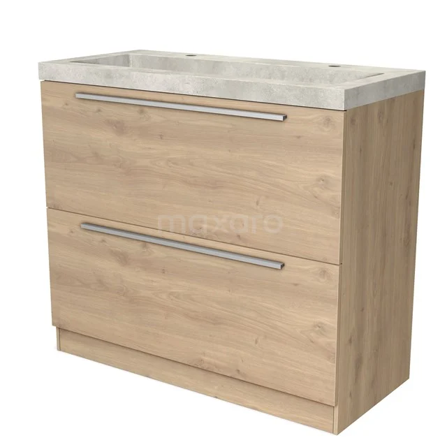 Houten badkamermeubel met marmeren wastafel, twee lades en metalen grepen; modern design voor een stijlvolle badkamer.