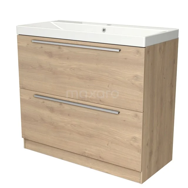 Badmöbel 100cm Modulo Hellbraune Eiche 2 hohe Schubladen Stehendes Waschbecken Keramik BMW13S-00264 Holz Badezimmermöbel mit Waschbecken, 2 breite Schubladen und Metallgriffen, helle Eiche-Oberfläche, ideal für ein modernes Badezimmer.