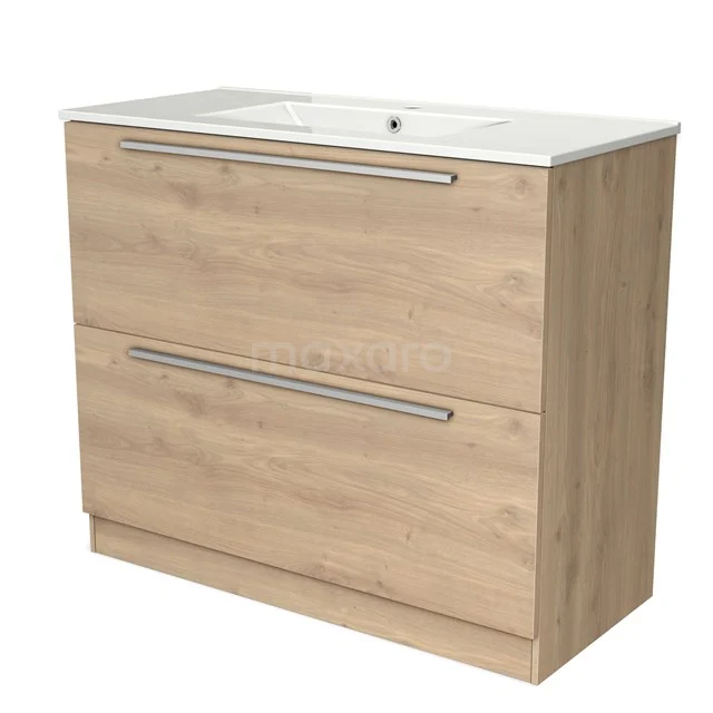 Houten badkamermeubel met wasbak, lichte eikenhouten finish, twee laden met metalen handgrepen, modern en functioneel ontwerp.