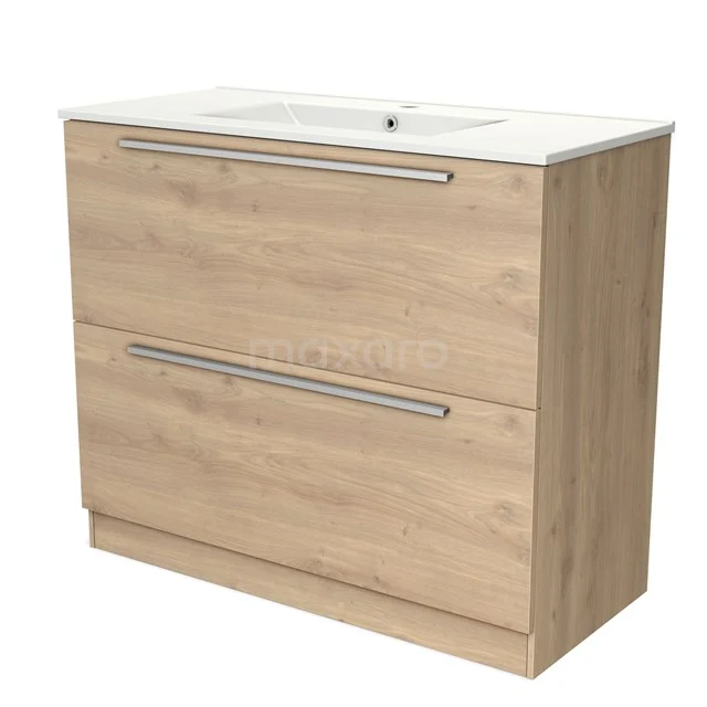 Houten badkamermeubel met twee lades, licht eiken afwerking en ingebouwde wastafel, perfect voor moderne badkamerstijl.