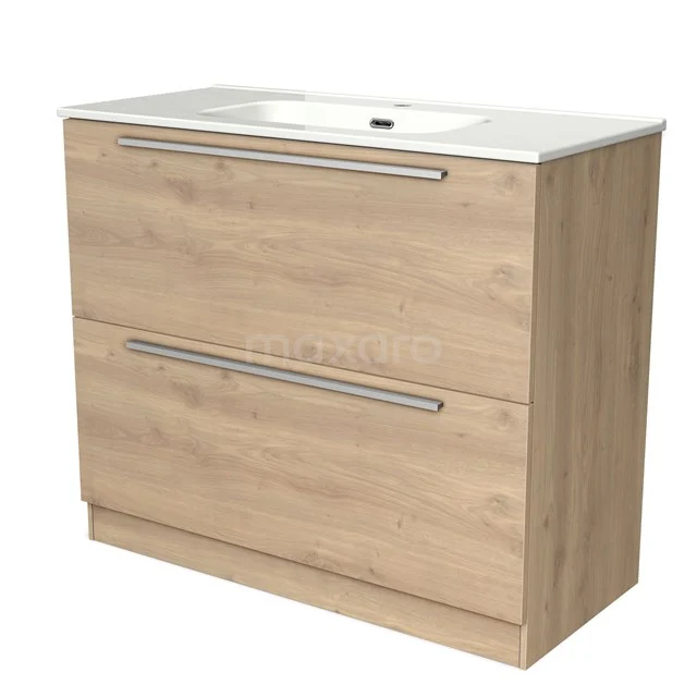 Oak bathroom unit with 2 drawers, metal handles and a white ceramic basin worktop. Modern design for the bathroom.