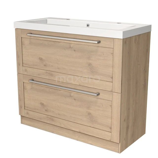 Wooden bathroom unit with two drawers and plastic vanity units with basin, modern look and handy storage space.