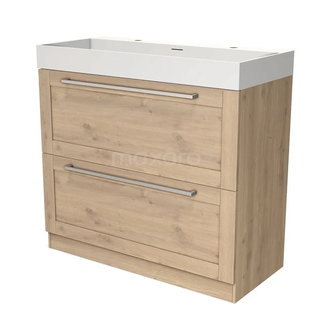 Wooden bathroom unit with 2 drawers, modern look, white basin, ideal for practical bathroom design.