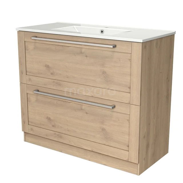 Modulo Bathroom furniture with sink | 100 cm Light brown oak Frame front Ceramic 2 high drawers standing drawers under each other BMW13S-00285 Wooden bathroom unit with two drawers, white ceramic worktop and modern design, ideal for stylish storage space in the bathroom.