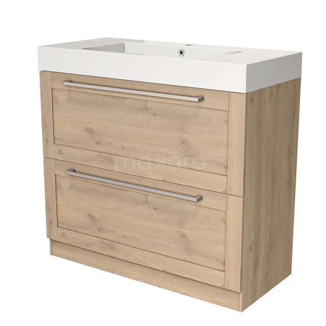 Holz Badezimmermöbel mit Griffen, Natur Eiche Farbe, einschließlich weißem Waschbecken, ideal für moderne Badezimmergestaltung.