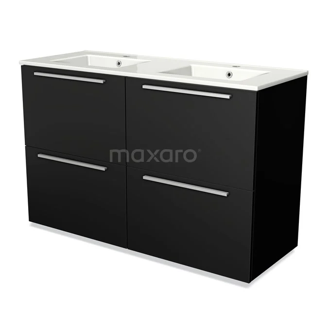 Black vanity unit with double sink, sleek stainless steel handles and modern design, ideal for the bathroom.