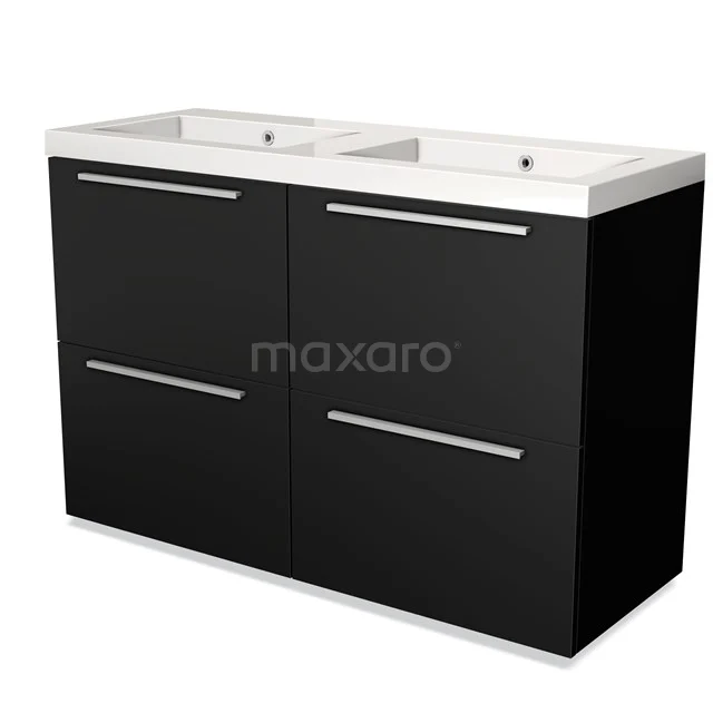Zwart gelamineerd badkamermeubel met dubbele wastafel, moderne uitstraling, metalen handgrepen en strak design.