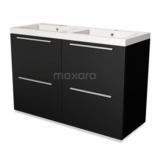 Zwarte dubbele wastafelonderkast met witte wasbak, twee lades en strakke metalen grepen, modern badkamermeubel.