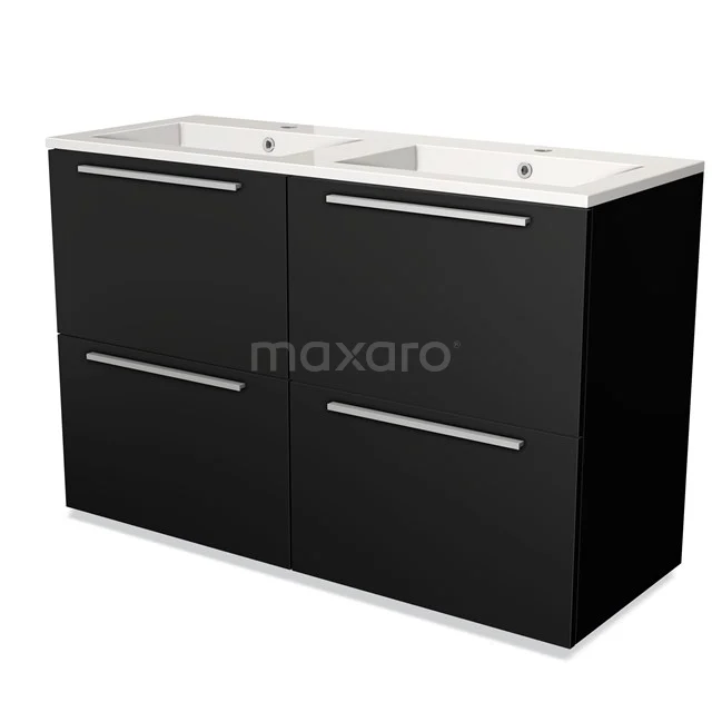 Zwarte dubbele wastafelmeubel met glanzende lades, strak design en keramische wasbak, perfect voor moderne badkamers.