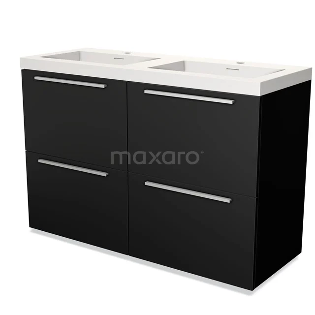 Dubbele zwarte badkamermeubelset met witte wastafel, strakke chromen grepen, ideaal voor modern badkamerdesign.