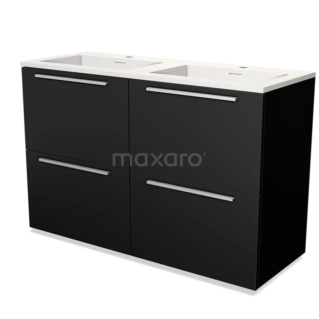 Zwarte dubbele wastafelmeubel met strak design, metalen grepen en twee wasbakken, perfect voor een moderne badkamer.