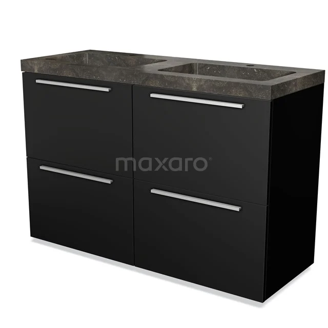 Zwart badkamermeubel met dubbele wastafel, marmeren blad, moderne chroomgrepen en strak design voor een stijlvolle badkamer.