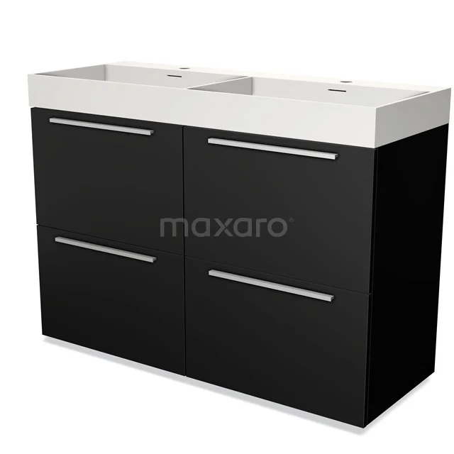 Zwart badmeubel met dubbele wastafel, strakke chromen handgrepen en mat zwarte afwerking, perfect voor een moderne badkamer.