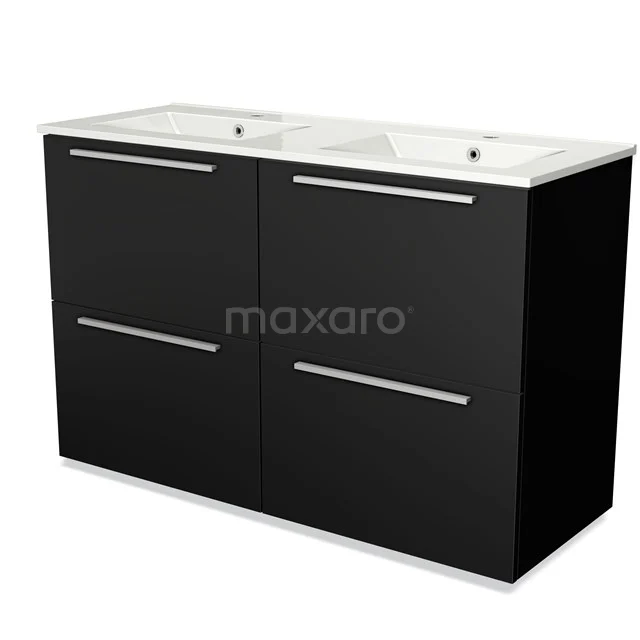 Zwart wastafelmeubel met dubbele witte wasbak, moderne afwerking, voorzien van strakke handgrepen, perfect voor de badkamer.
